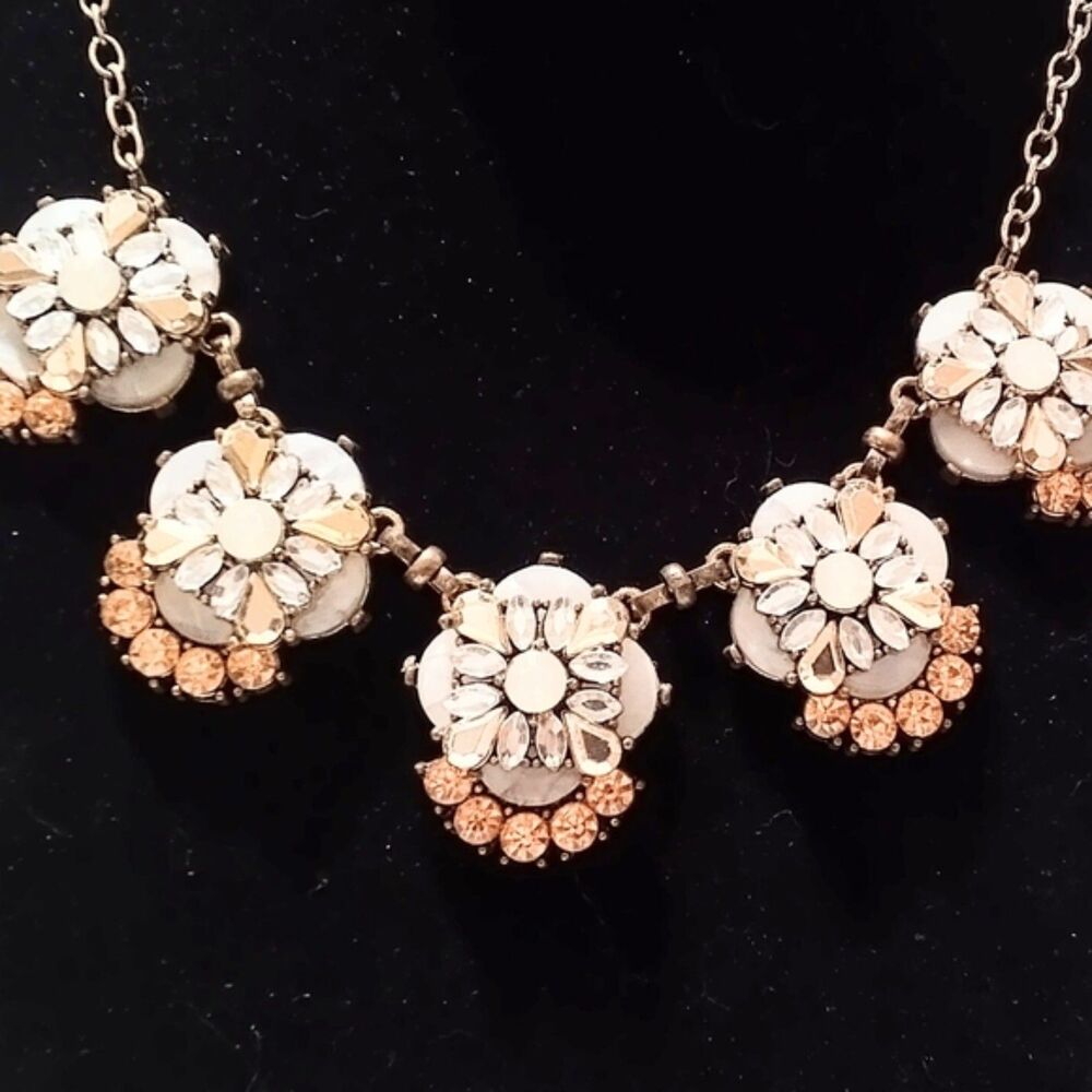 Gold Tone Faux Mother of Pearl and Rhinestone Cluster Link Statement Necklace